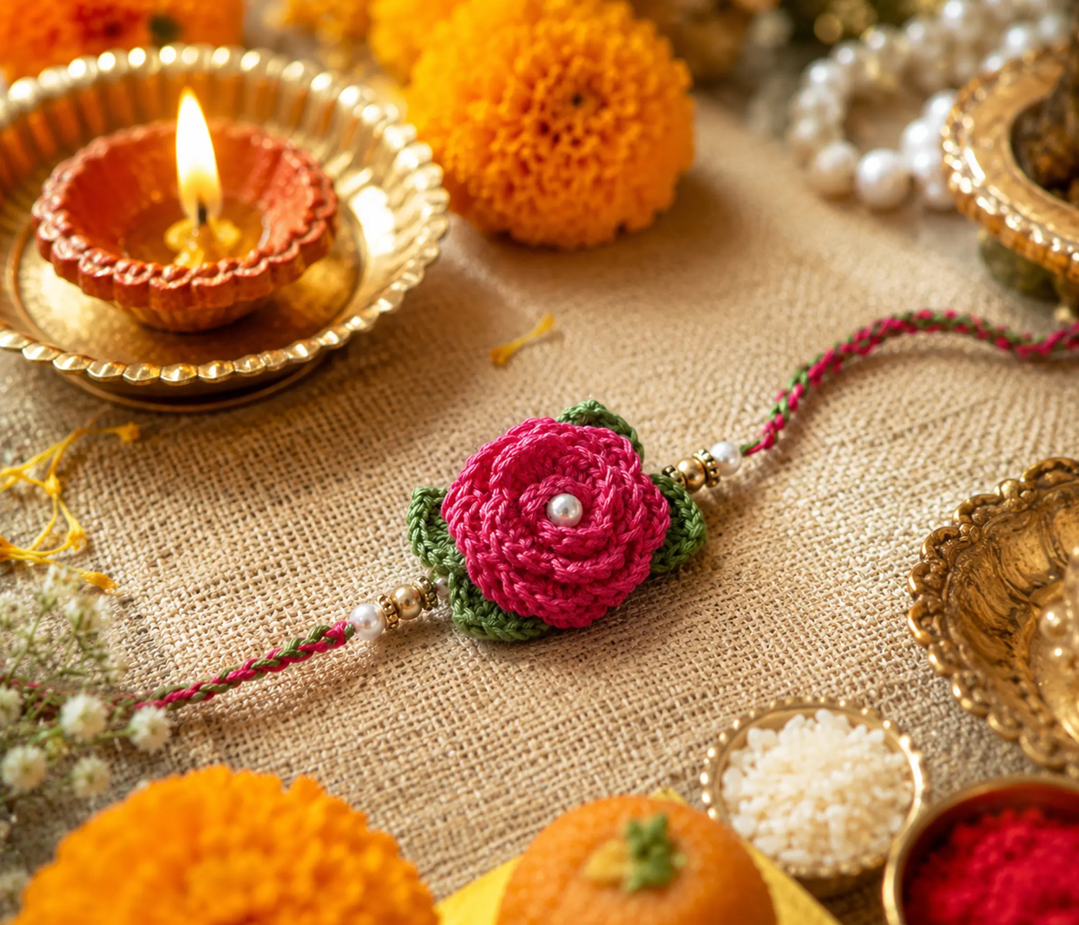Blooming Rosebud Pearl Handmade Crochet Rakhi